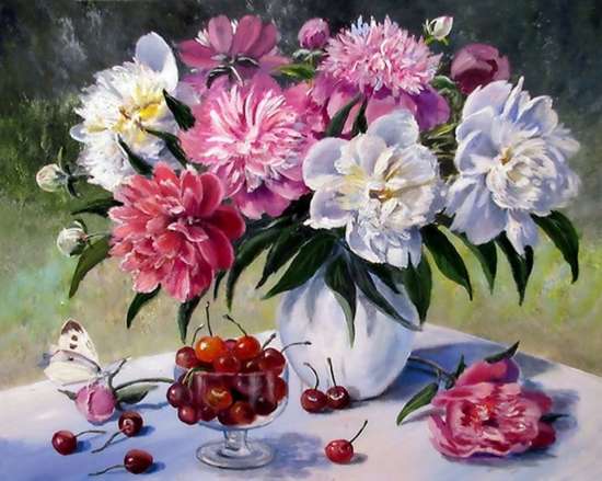 Картина по номерам 40x50 Белая ваза с пионами и черешня