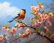 Синичка на цветущей яблоне
