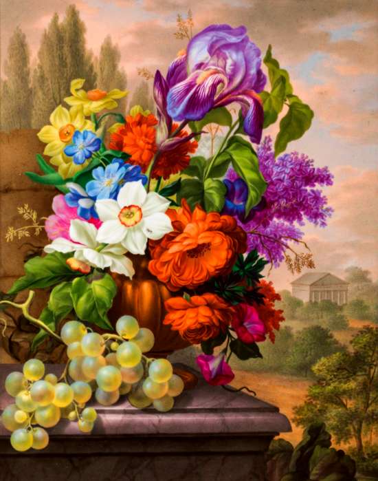 Картина по номерам 40x50 Виноград и яркие цветы в вазе