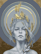 Серая девушка с золотой пшеницей в волосах