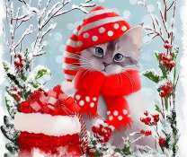 Котенок в красном колпаке и мешком подарков