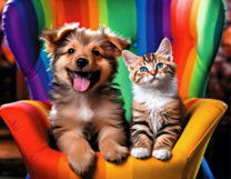 Котенок и щенок в радужном кресле